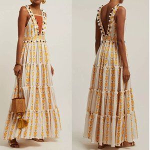 Dodo Bar Or Alicia Boho Embroidered Tassel Cotton Tiered Maxi Dress Size L